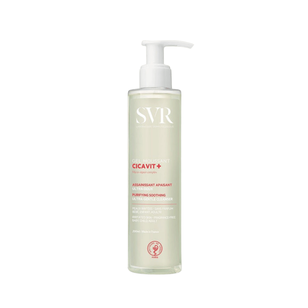 SVR Cicavit+ Foaming Gel cleanser tube for irritated fragile skin, white and blue packaging.