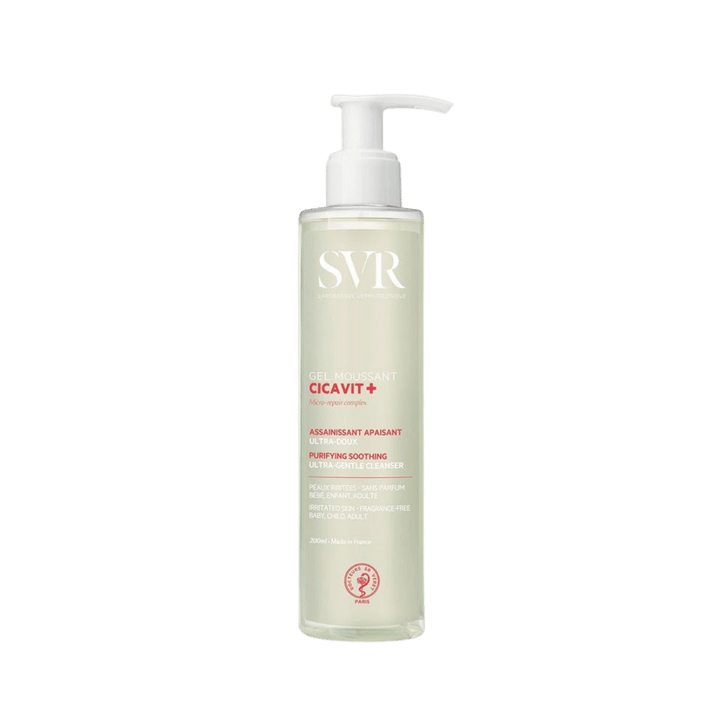 SVR Cicavit+ Foaming Gel cleanser tube for irritated fragile skin, white and blue packaging.