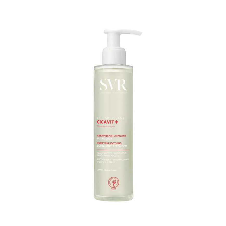 SVR Cicavit+ Foaming Gel cleanser tube for irritated fragile skin, white and blue packaging.