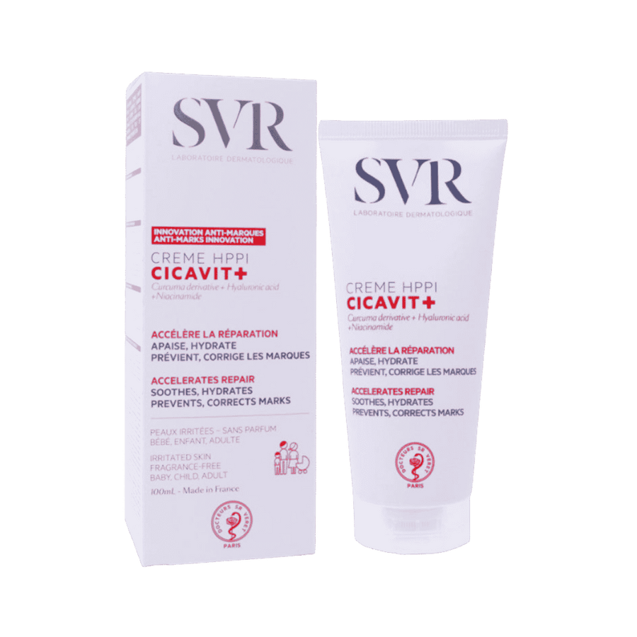 SVR Cicavit+ Cream HPPI, 100ml, with curcuma derivative, hyaluronic acid, and niacinamide. For irritated skin, fragrance-free, suitable for babies, children, and adults.