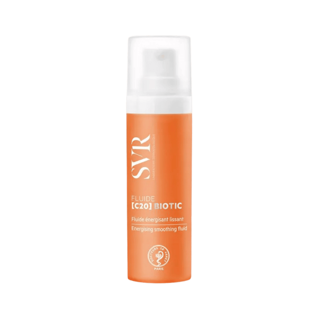 SVR Fluide C20 Biotic 30ml vitamin C face fluid in skincare bottle packaging.