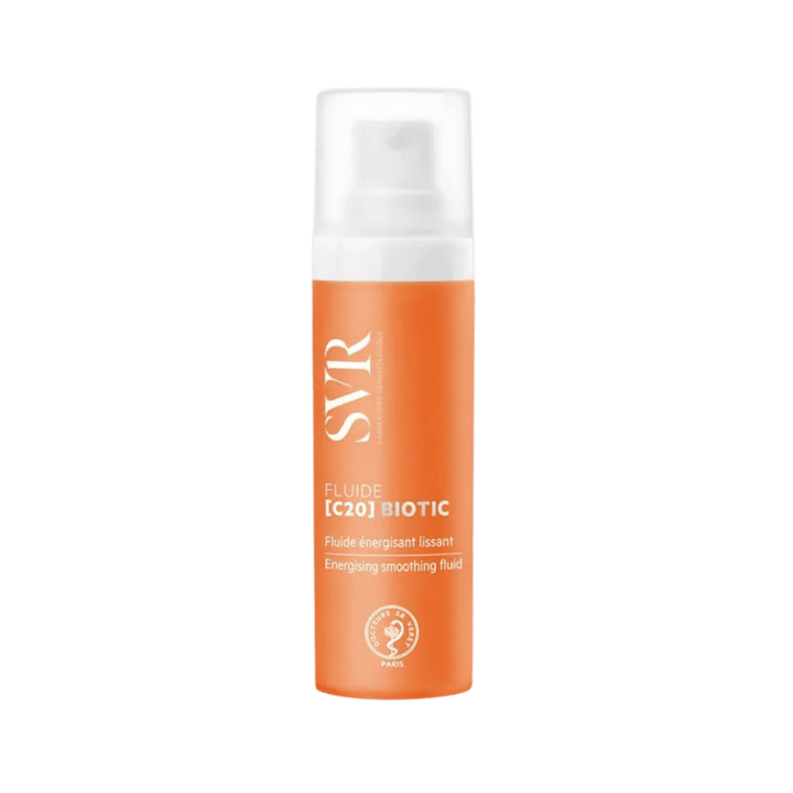 SVR Fluide C20 Biotic 30ml vitamin C face fluid in skincare bottle packaging.