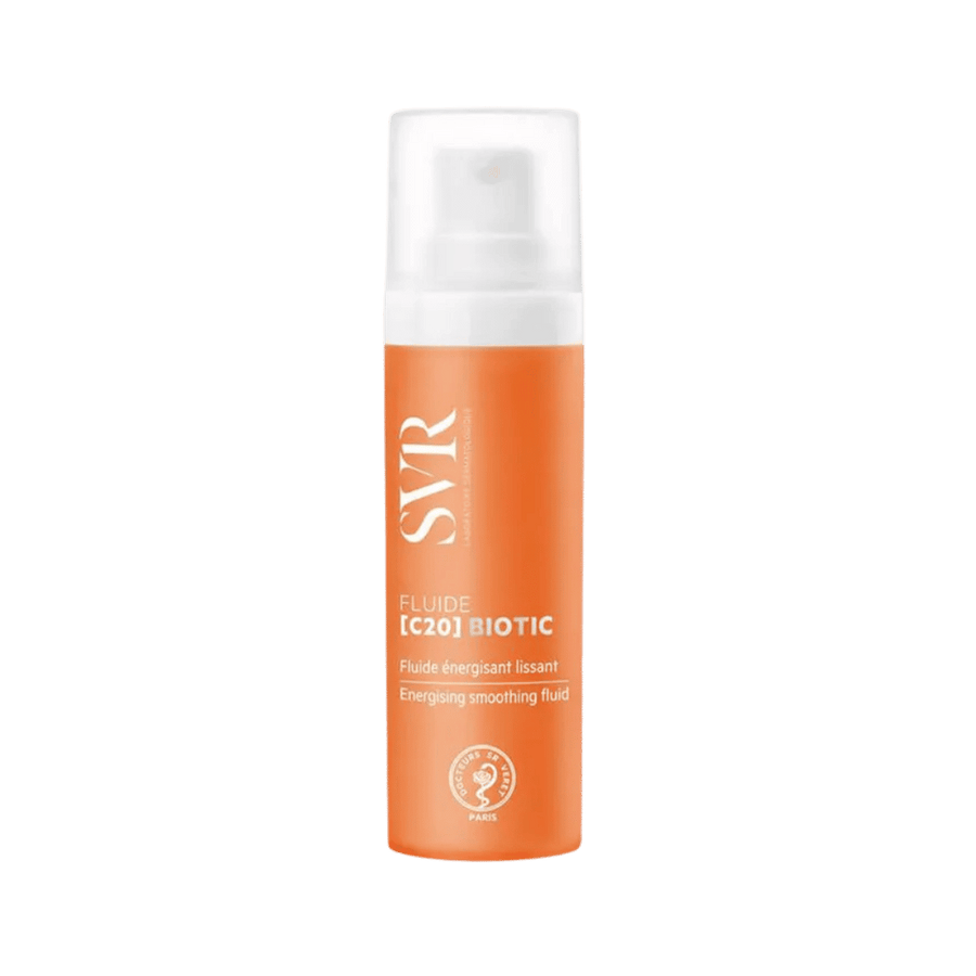 SVR Fluide C20 Biotic 30ml vitamin C face fluid in skincare bottle packaging.