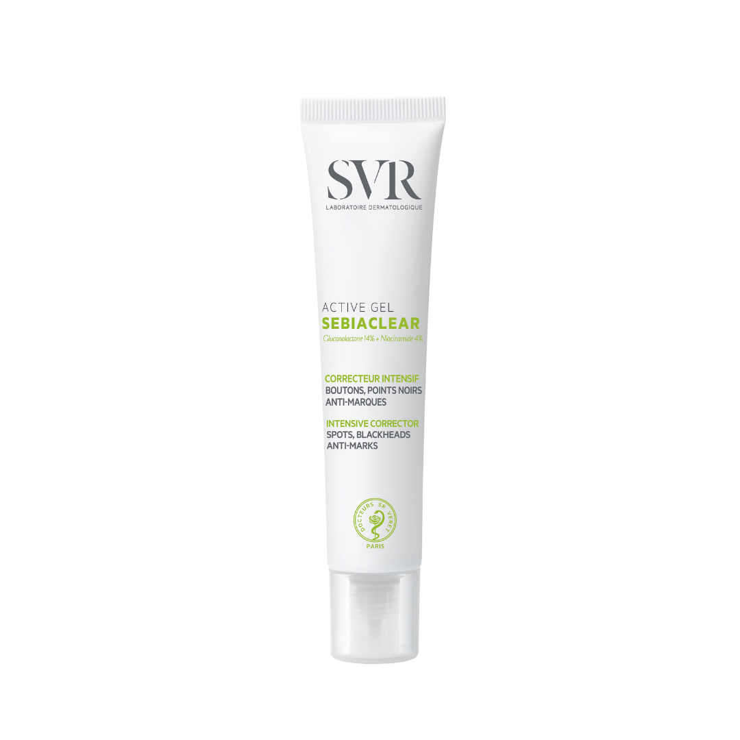 SVR Sebiaclear Active Gel, 40ml, white tube with green accents, for intensive correction of spots, blackheads, and marks.
