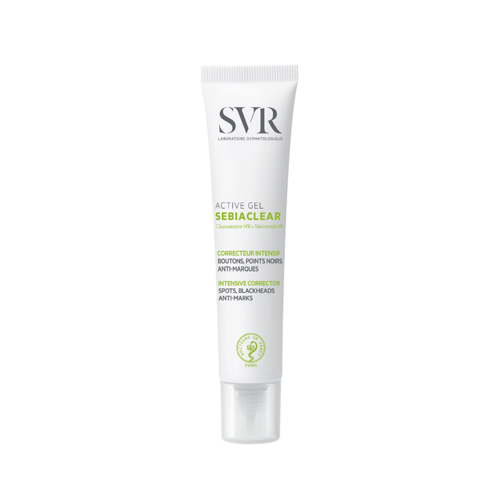 SVR Sebiaclear Active Gel, 40ml, white tube with green accents, for intensive correction of spots, blackheads, and marks.
