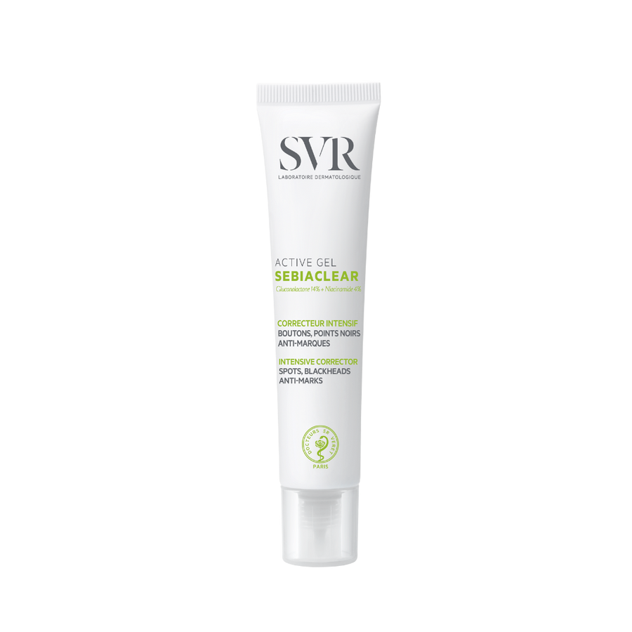 SVR Sebiaclear Active Gel, 40ml, white tube with green accents, for intensive correction of spots, blackheads, and marks.
