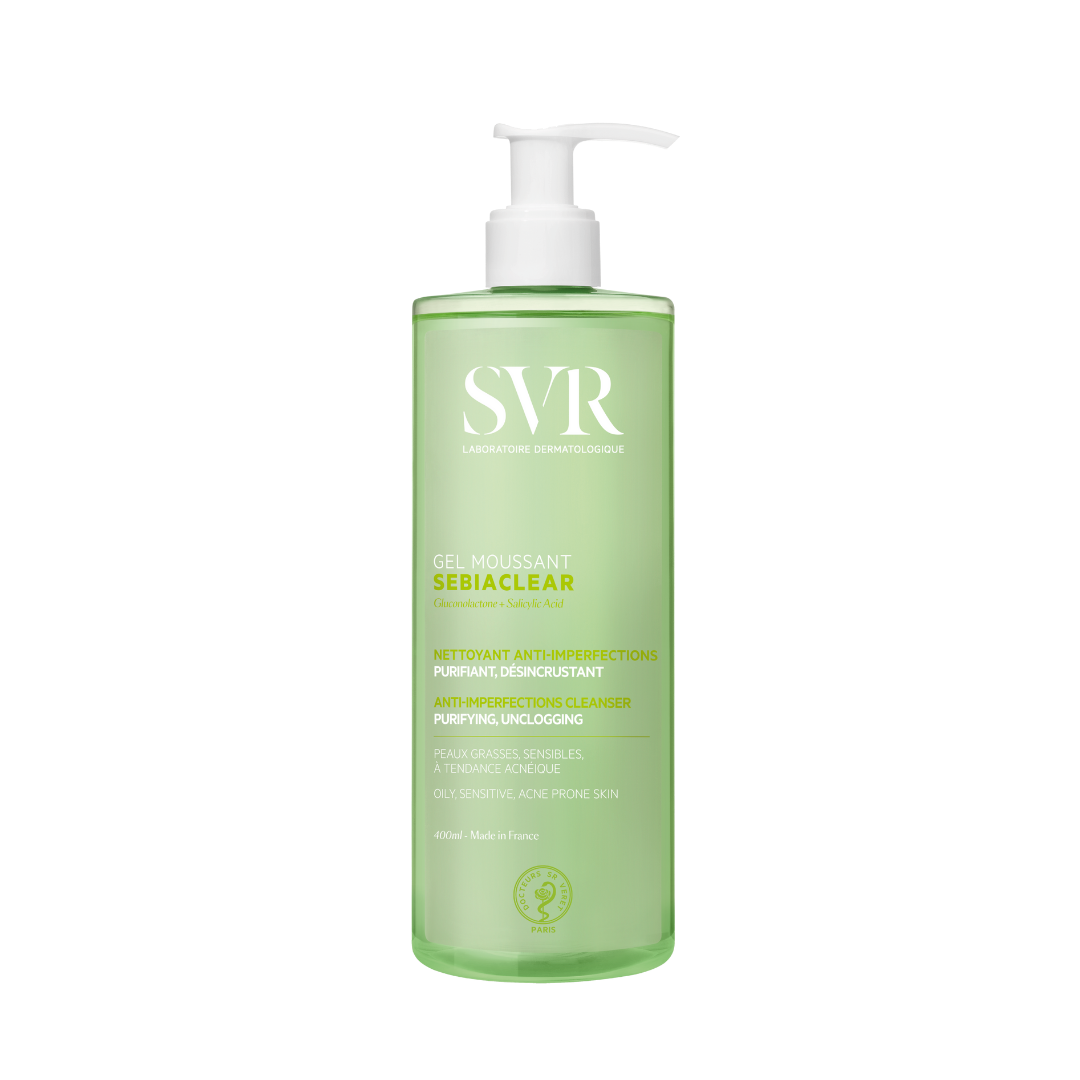 SVR Sebiaclear Gel Moussant, 400ml, green bottle with a white pump, anti-imperfections cleanser with gluconolactone and salicylic acid.
