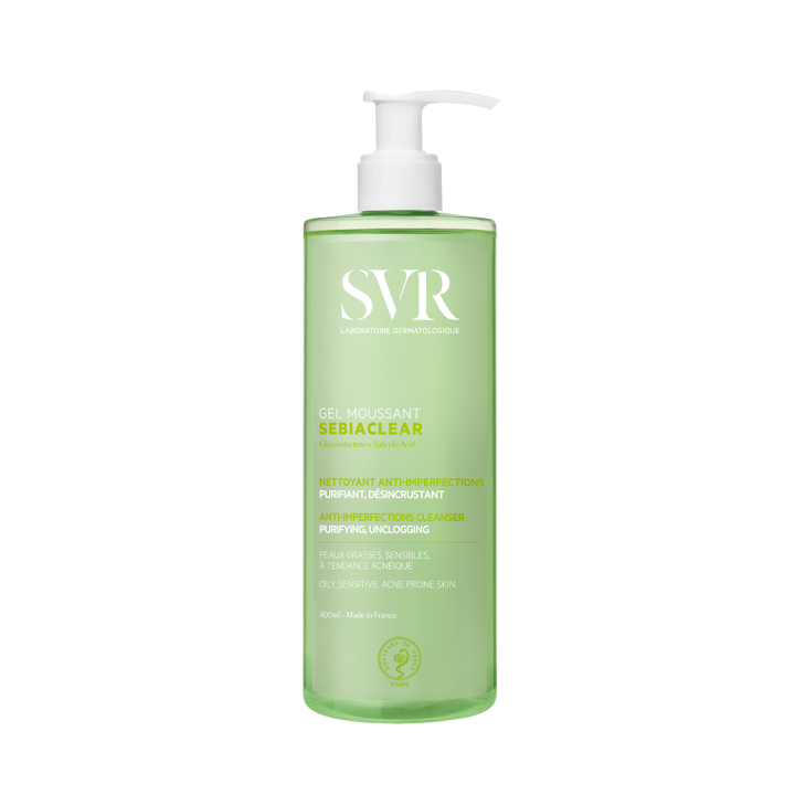SVR Sebiaclear Gel Moussant, 400ml, green bottle with a white pump, anti-imperfections cleanser with gluconolactone and salicylic acid.

