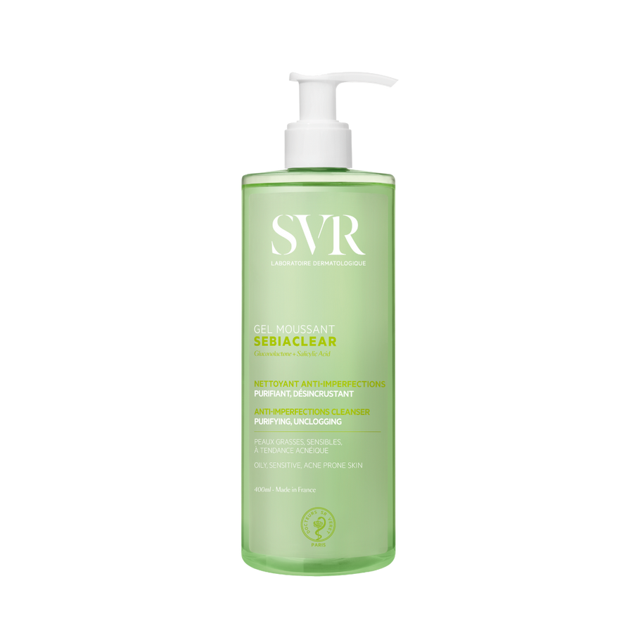 SVR Sebiaclear Gel Moussant, 400ml, green bottle with a white pump, anti-imperfections cleanser with gluconolactone and salicylic acid.
