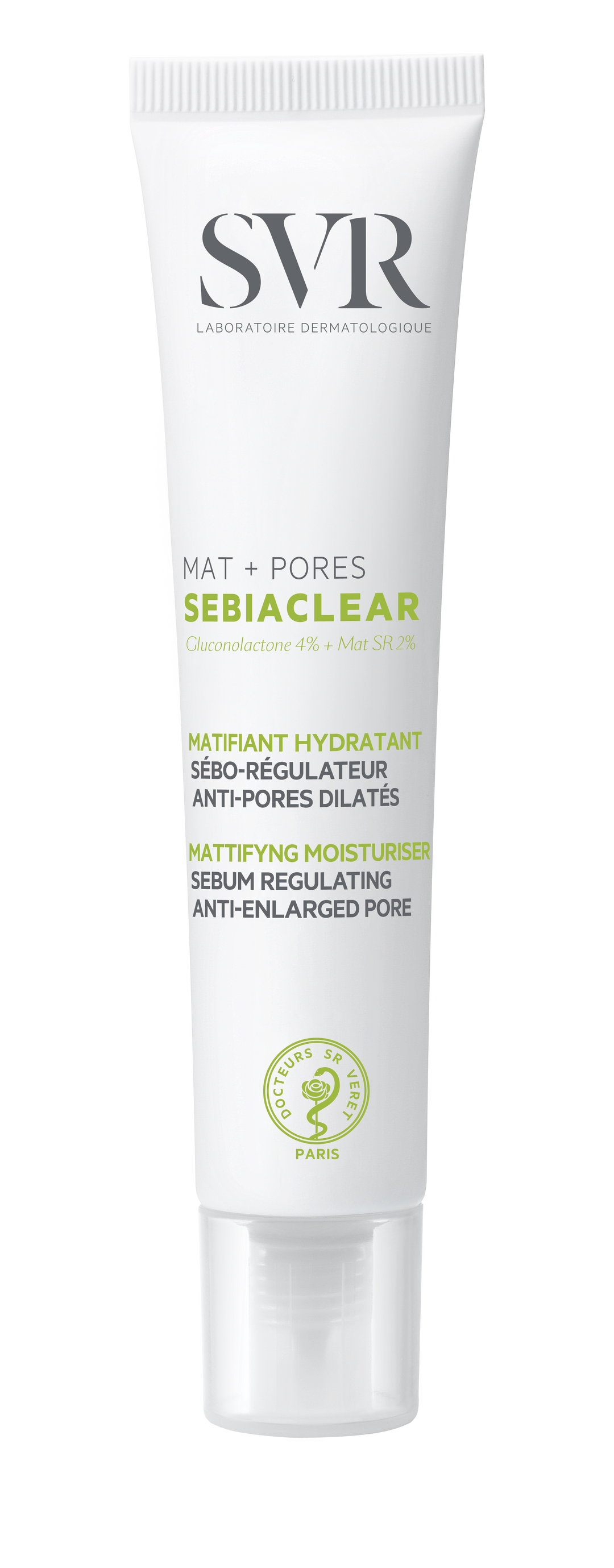 SVR Sebiaclear Mat + Pores, 40ml, white tube with green accents, for mattifying, sebum regulating, and anti-enlarged pores.
