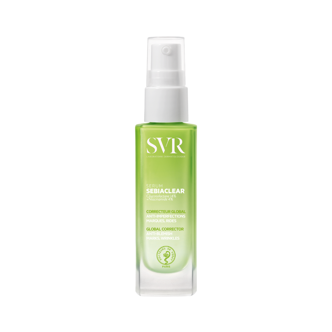 SVR Sebiaclear Serum, 30ml, green bottle with white cap, anti-blemish and anti-wrinkle, contains Glyconolactone 14% and Niacinamide 4%.
