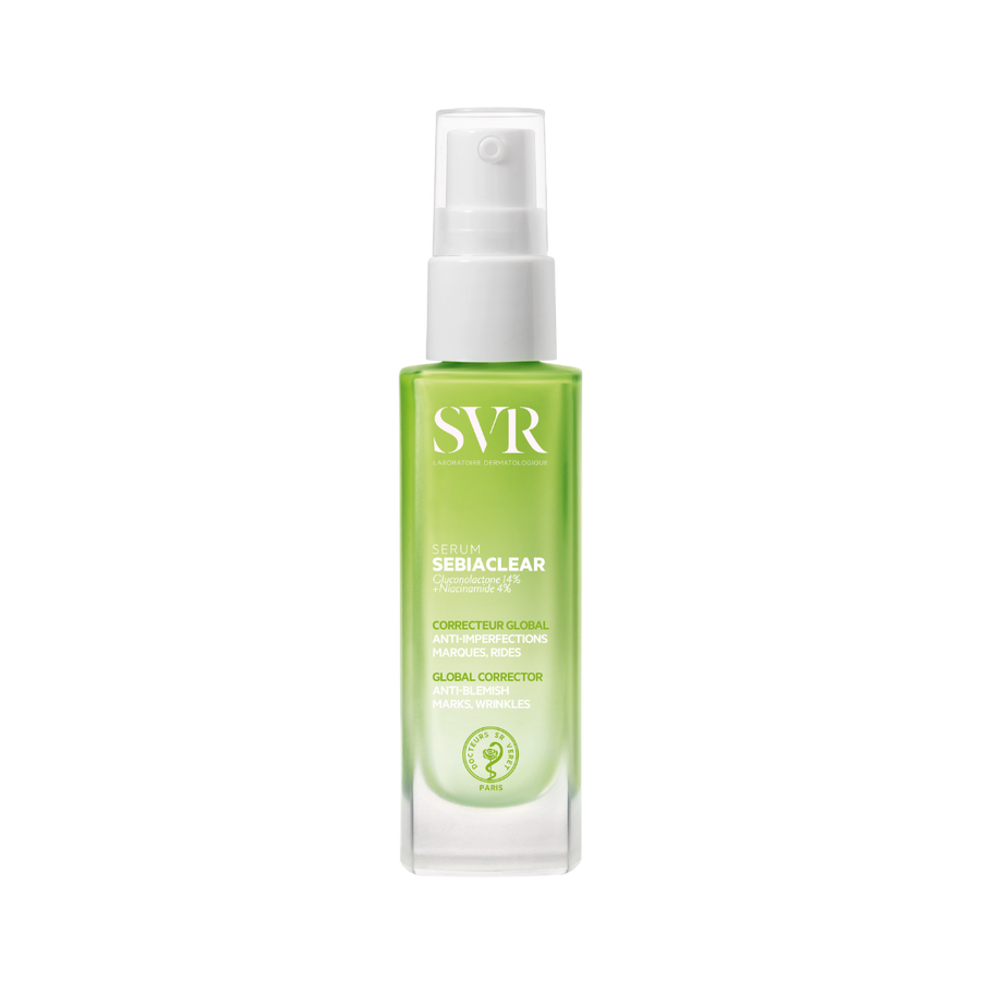 SVR Sebiaclear Serum, 30ml, green bottle with white cap, anti-blemish and anti-wrinkle, contains Glyconolactone 14% and Niacinamide 4%.
