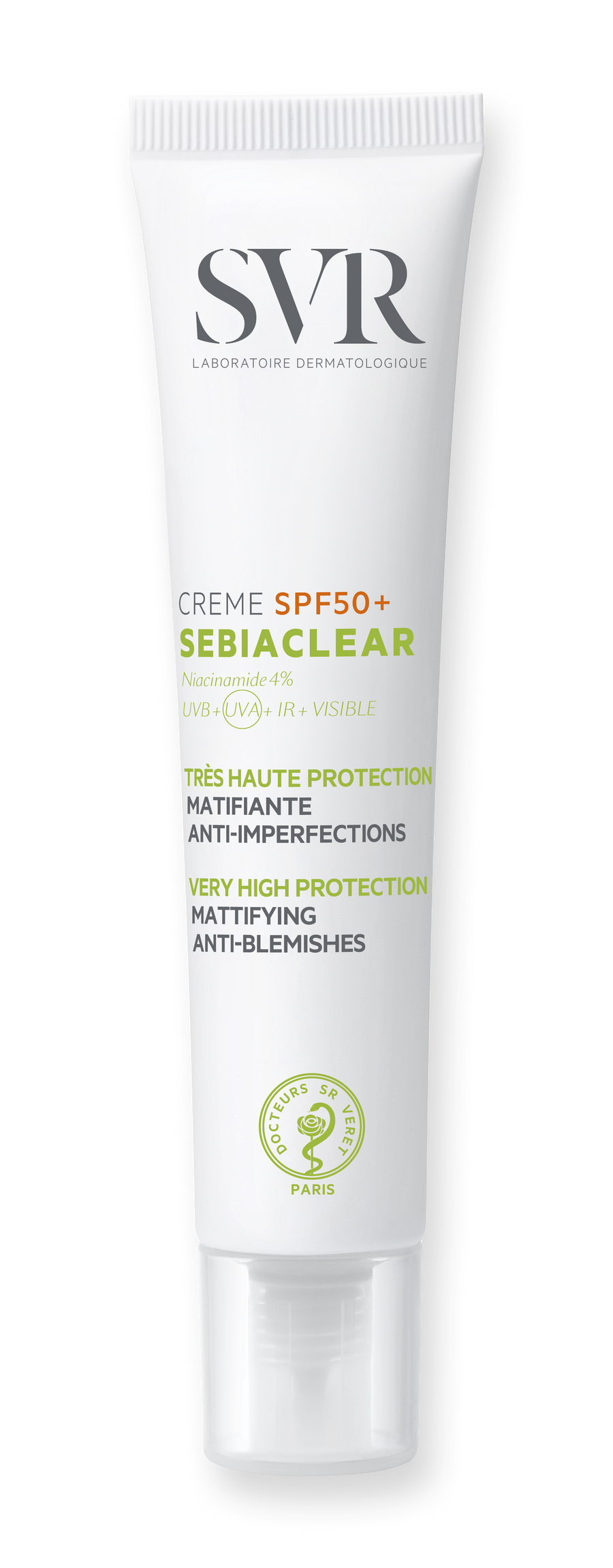 SVR Sebiaclear Creme SPF50+, 40ml, white tube with orange and green accents, mattifying and anti-blemish, with Niacinamide 4%.
