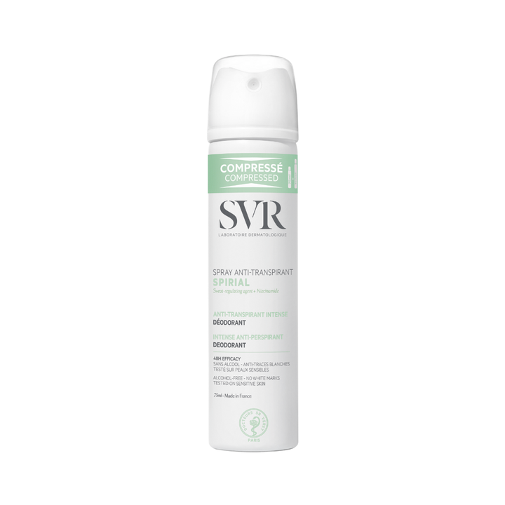 SVR Spirial Anti-Perspirant Spray, 75ml, white and green aerosol can, alcohol-free, anti-sweat, with Niacinamide.
