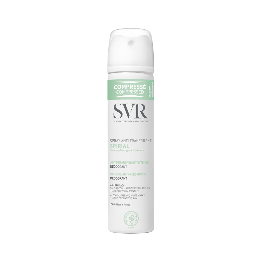 SVR Spirial Anti-Perspirant Spray, 75ml, white and green aerosol can, alcohol-free, anti-sweat, with Niacinamide.

