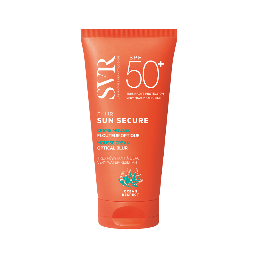 Blur Sun Secure SPF 50+ mousse cream by SVR, very water-resistant, optical blur effect, 50ml.
