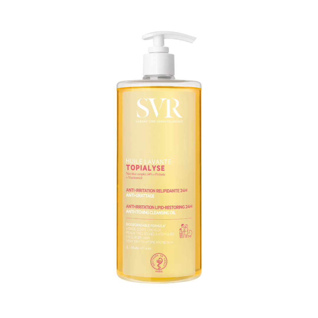 Topialyse Huile Lavante by SVR, anti-irritation lipid-restoring, anti-itching cleansing oil, 1L, for very dry, atopic-prone skin.
