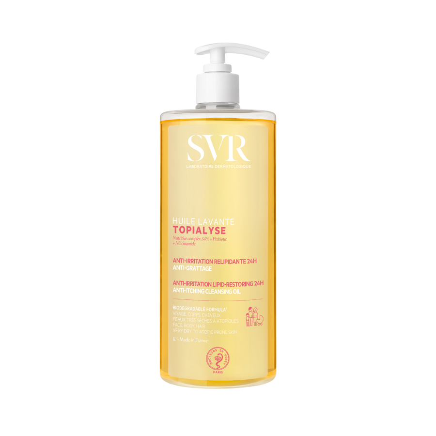 Topialyse Huile Lavante by SVR, anti-irritation lipid-restoring, anti-itching cleansing oil, 1L, for very dry, atopic-prone skin.
