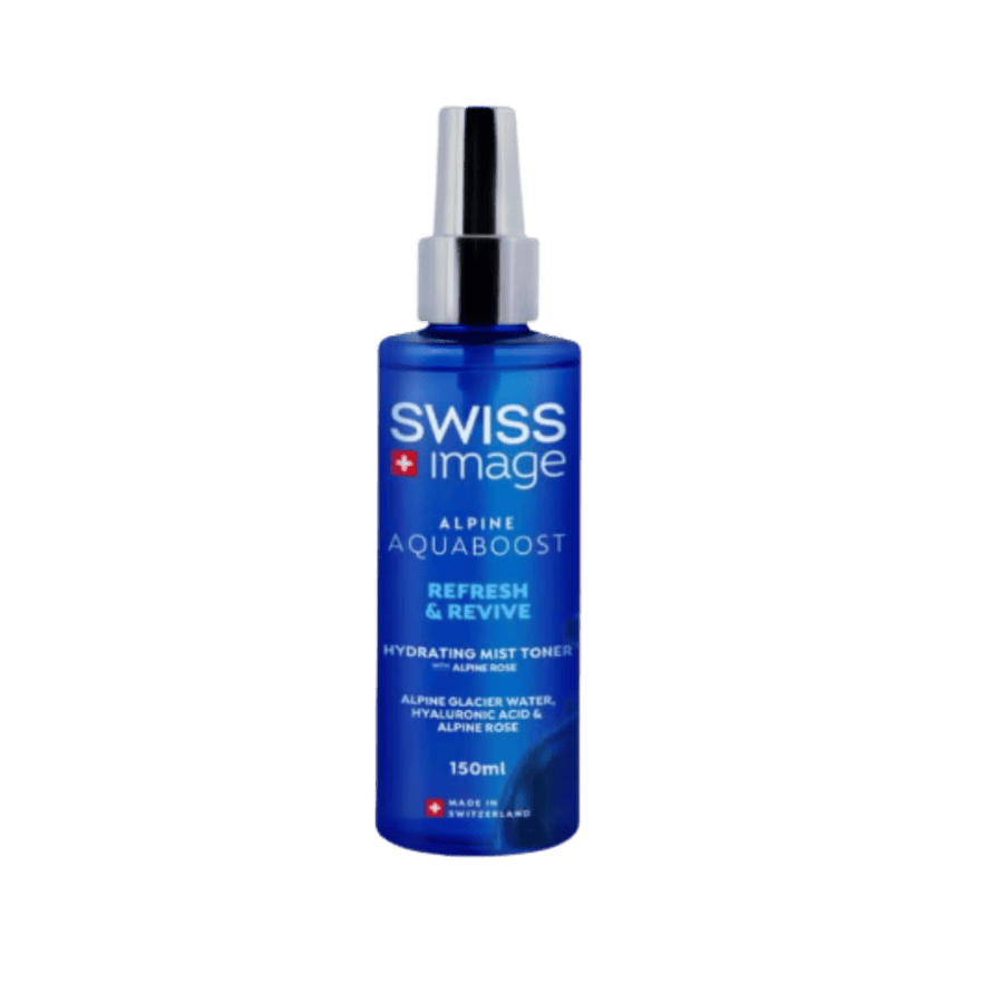 Swiss Image Alpine Aquaboost Hydrating Mist Toner, with alpine glacier water, hyaluronic acid, and alpine rose. 150ml. Made in Switzerland.