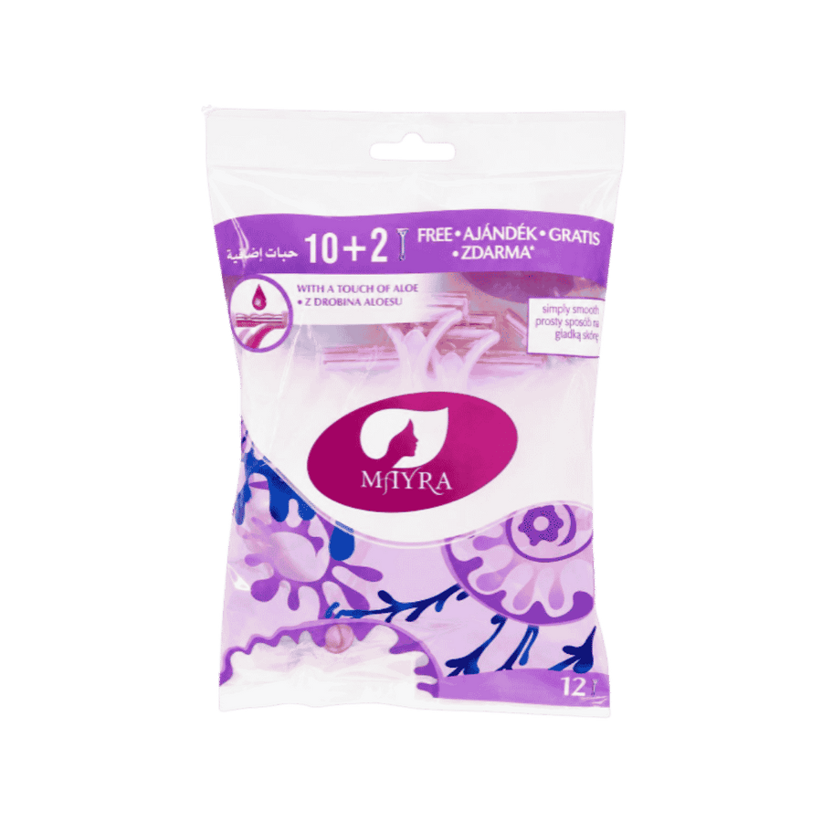 Miyra disposable razors pack, 10+2 free, pink razors with aloe touch in transparent packaging.