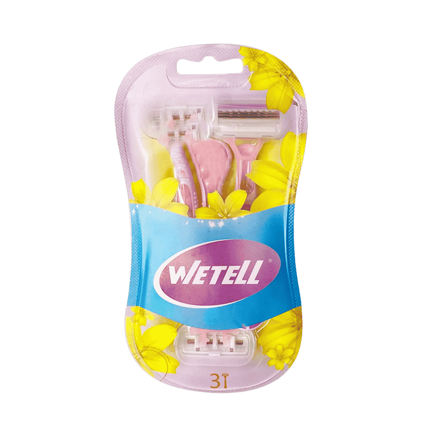 Wetell 3-blade pink disposable razors floral packaging with transparent protective shaving heads