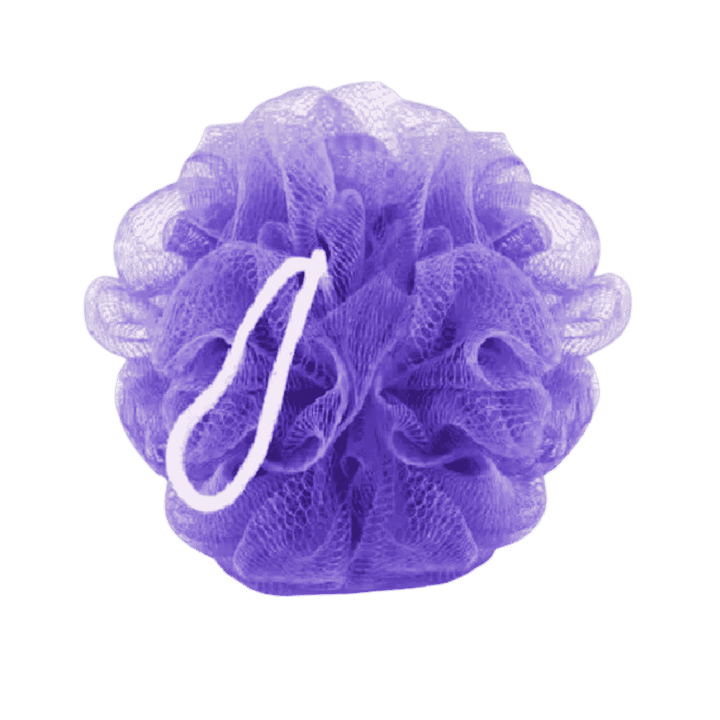 Purple mesh bath loofah sponge with hanging loop, body exfoliating shower puff