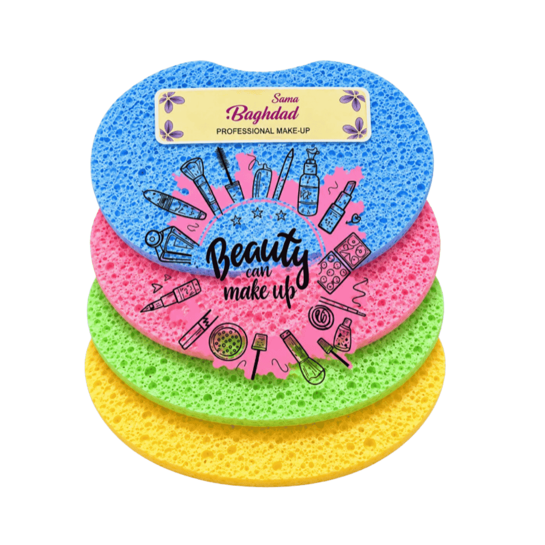 Sama Baghdad colorful round makeup sponges in blue, pink, green, and yellow with beauty graphics.