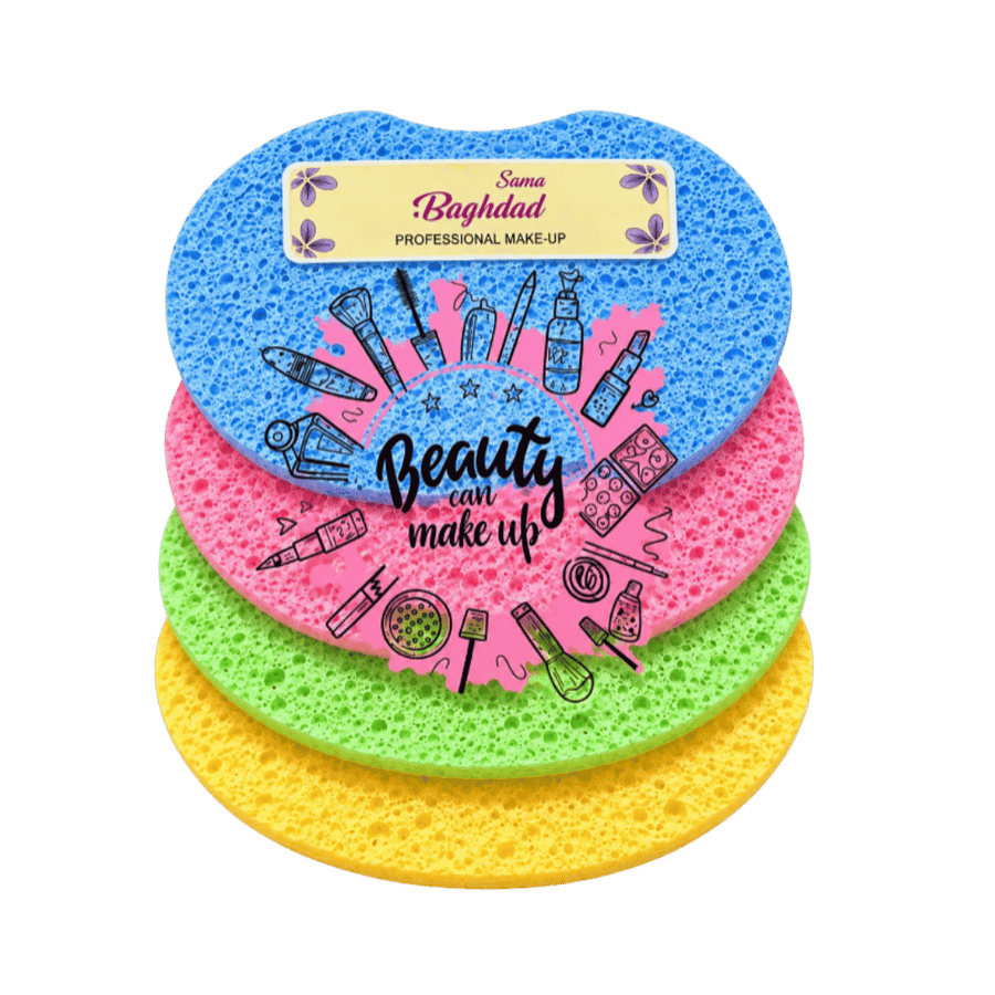 Sama Baghdad colorful round makeup sponges in blue, pink, green, and yellow with beauty graphics.