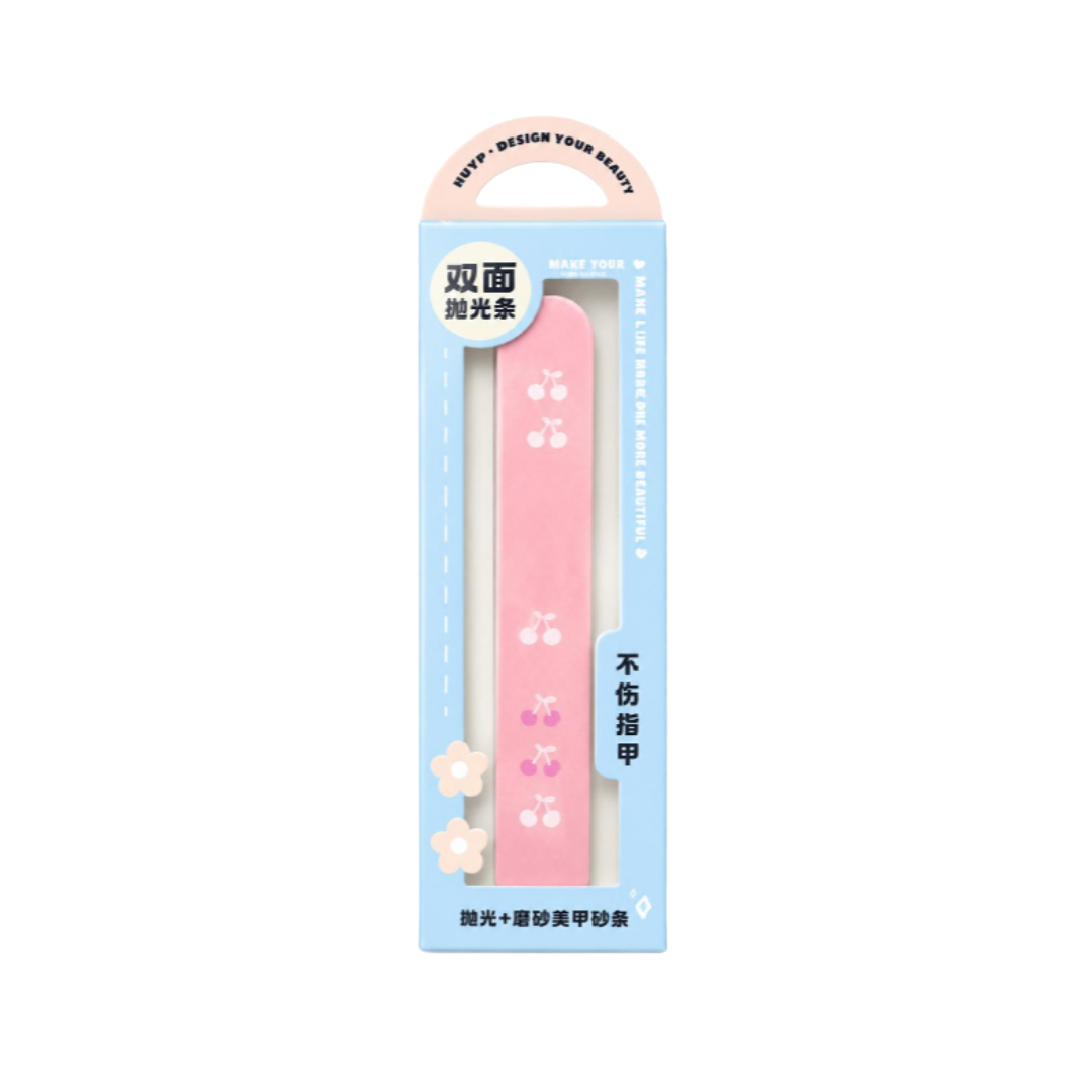 Double-sided nail polishing strip with pink cherry design packaging and pastel blue box.