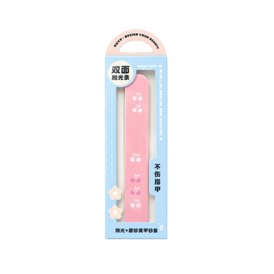 Double-sided nail polishing strip with pink cherry design packaging and pastel blue box.