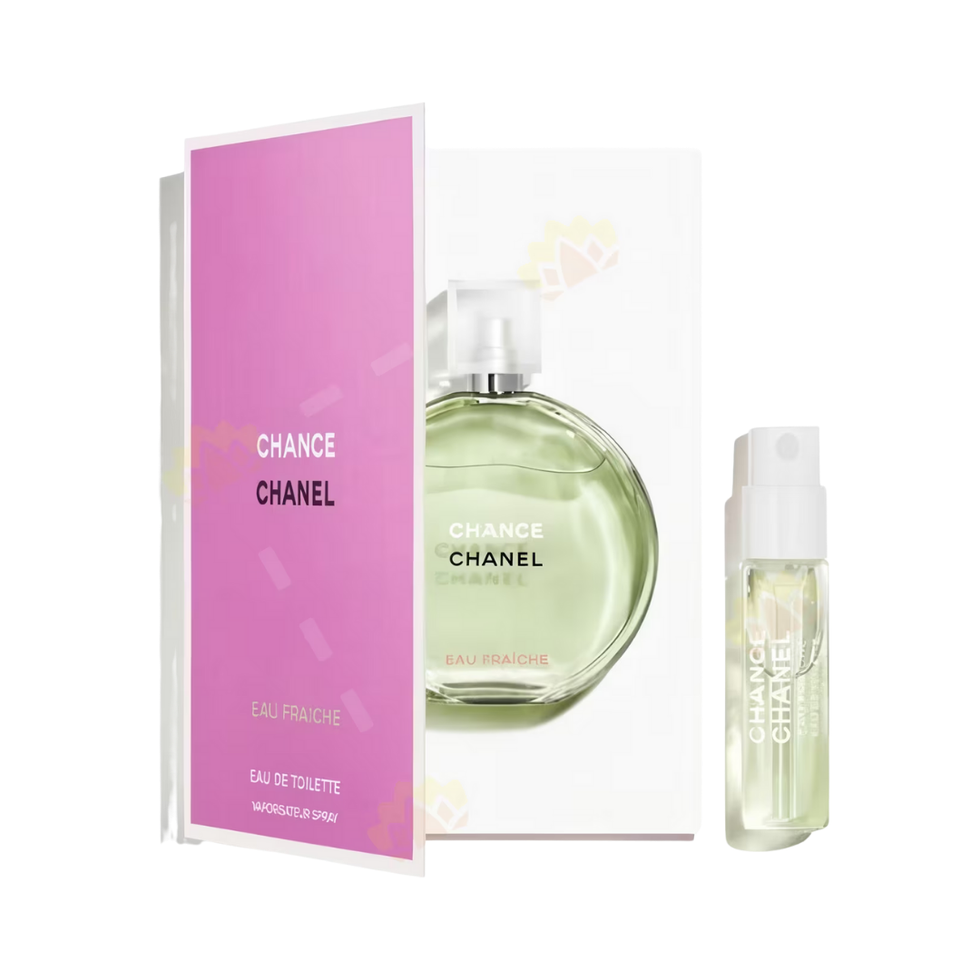 Chanel Chance Eau Fraiche Eau de Toilette perfume bottle with sample spray vial, green liquid, branded packaging