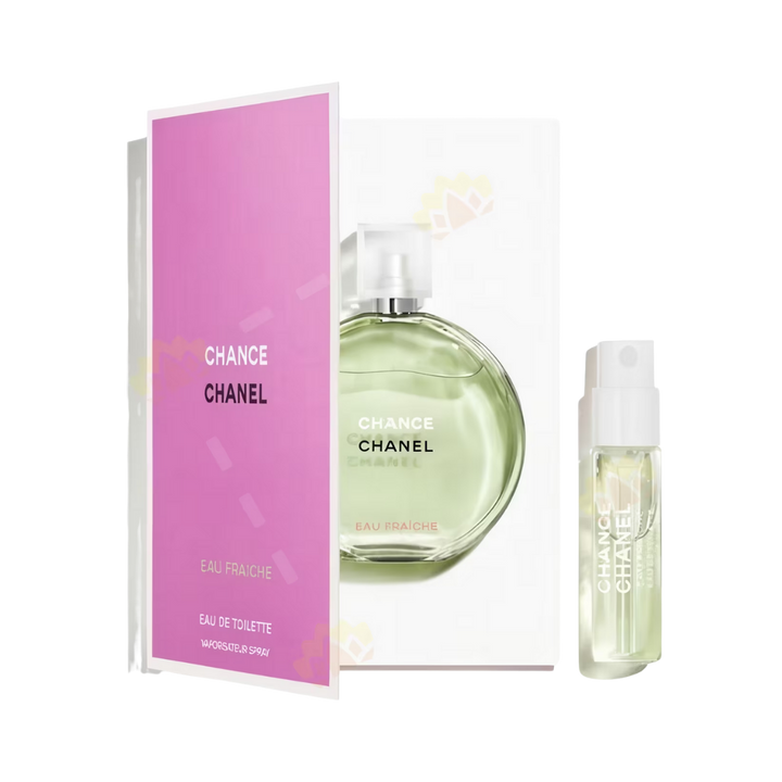 Chanel Chance Eau Fraiche Eau de Toilette perfume bottle with sample spray vial, green liquid, branded packaging