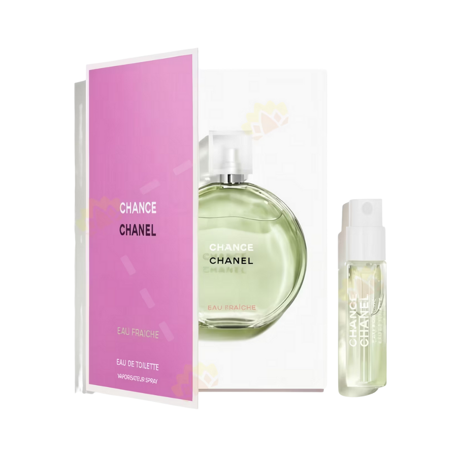Chanel Chance Eau Fraiche Eau de Toilette perfume bottle with sample spray vial, green liquid, branded packaging