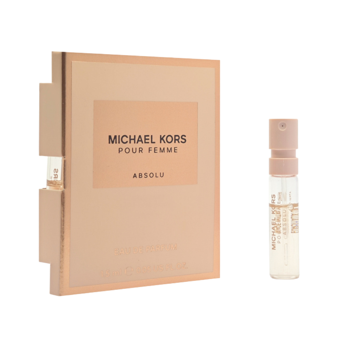 Michael Kors Pour Femme Absolu, Eau de Parfum, 1.5ml sample size, with a rose gold box and spray bottle.