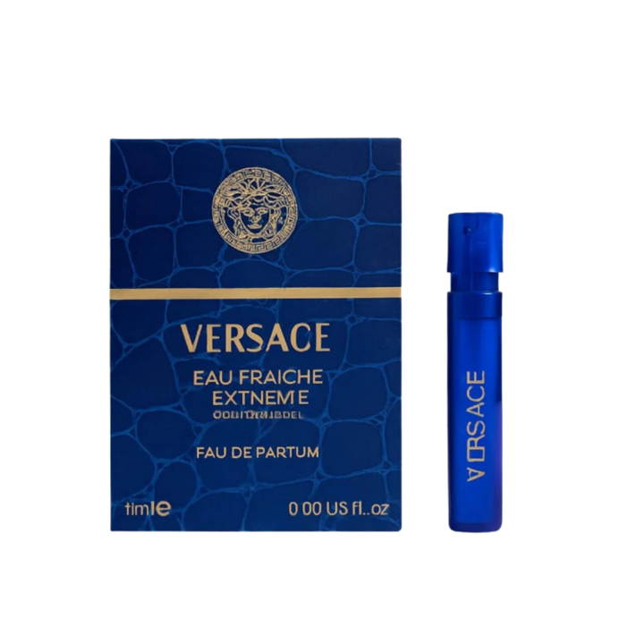 Versace Eau Fraiche Extreme Eau de Parfum, blue spray bottle with golden detailing, packaged in a blue box.