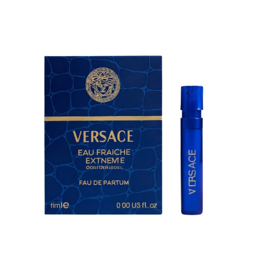 Versace Eau Fraiche Extreme Eau de Parfum, blue spray bottle with golden detailing, packaged in a blue box.