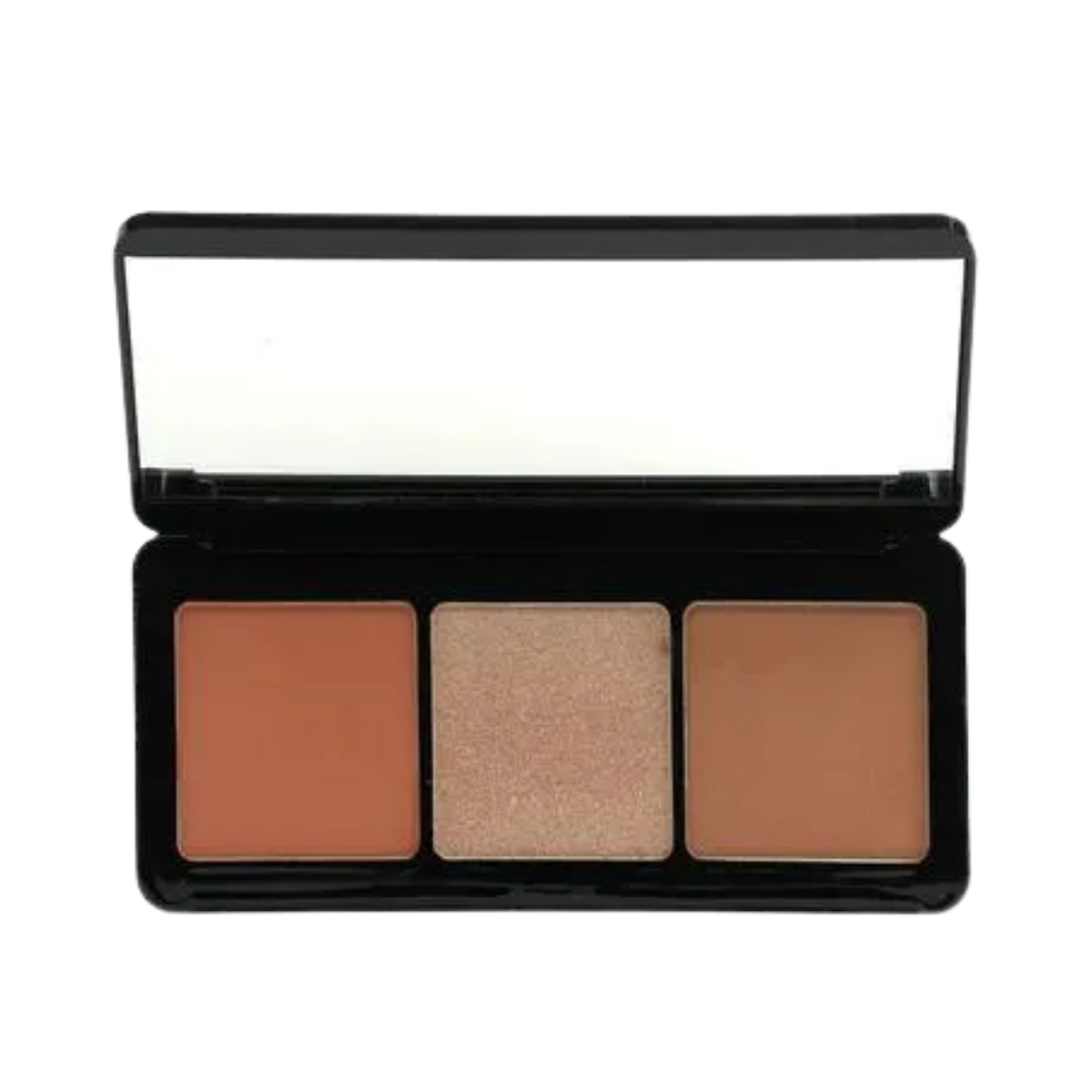Savoo Trio Face Palette with three shades, matte bronzer, blush, shimmer highlighter in black case
