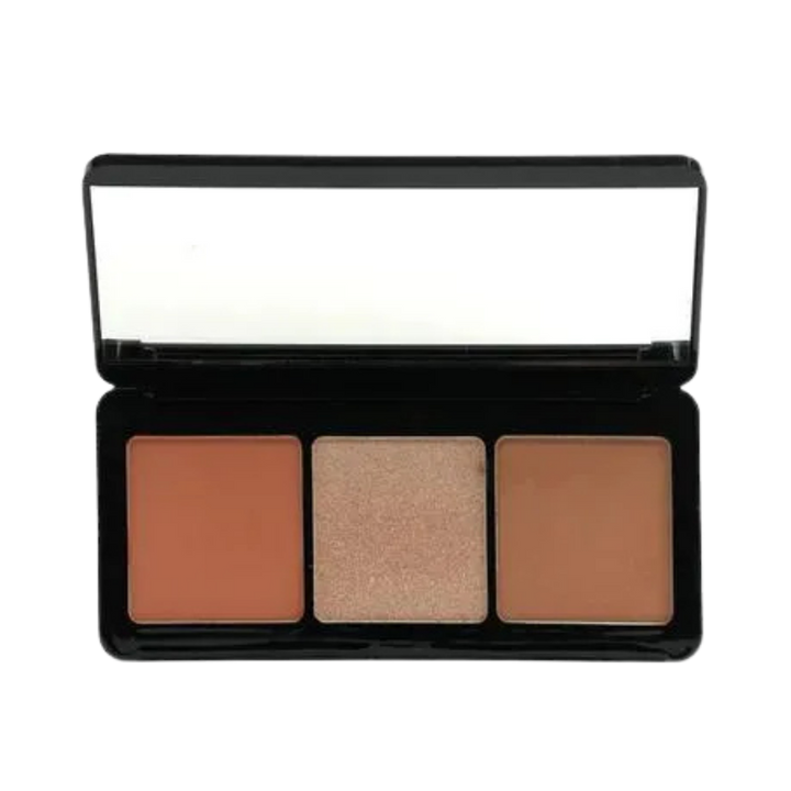 Savoo Trio Face Palette with three shades, matte bronzer, blush, shimmer highlighter in black case