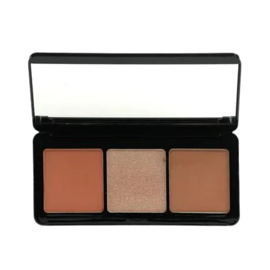 Savoo Trio Face Palette with three shades, matte bronzer, blush, shimmer highlighter in black case
