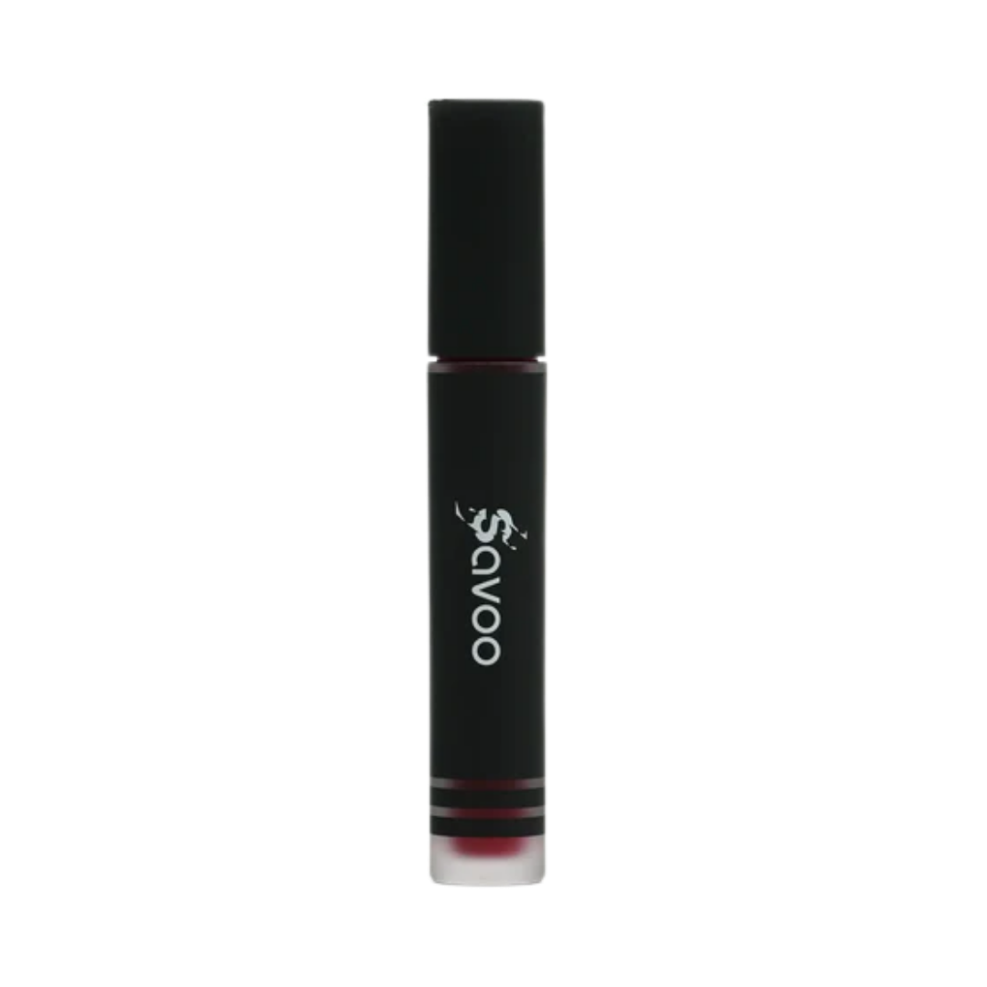 Savoo liquid lipstick tube, matte black cylindrical packaging with white logo, clear base band.
