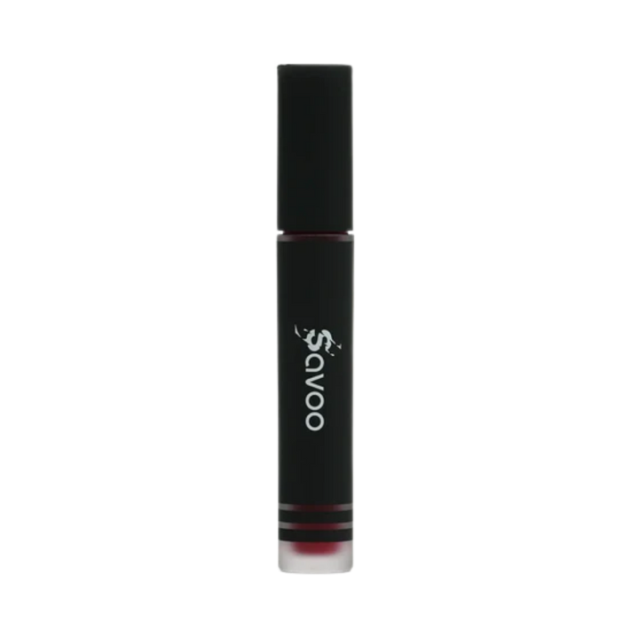 Savoo liquid lipstick tube, matte black cylindrical packaging with white logo, clear base band.
