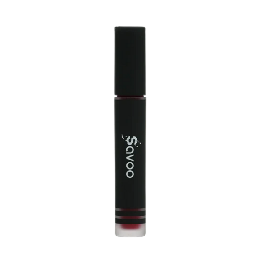 Savoo liquid lipstick tube, matte black cylindrical packaging with white logo, clear base band.

