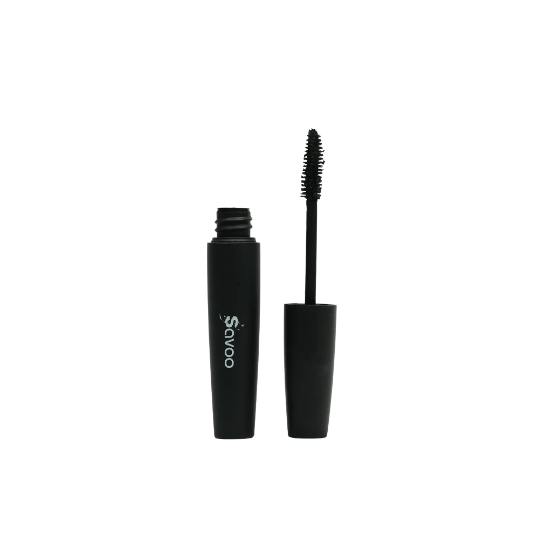 Savoo black mascara tube with wand applicator brush, matte black packaging opened and cap removed