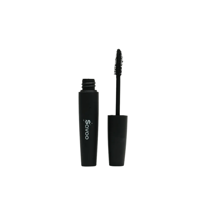 Savoo black mascara tube with wand applicator brush, matte black packaging opened and cap removed