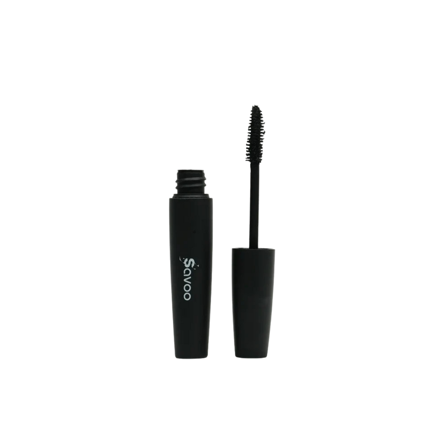 Savoo black mascara tube with wand applicator brush, matte black packaging opened and cap removed