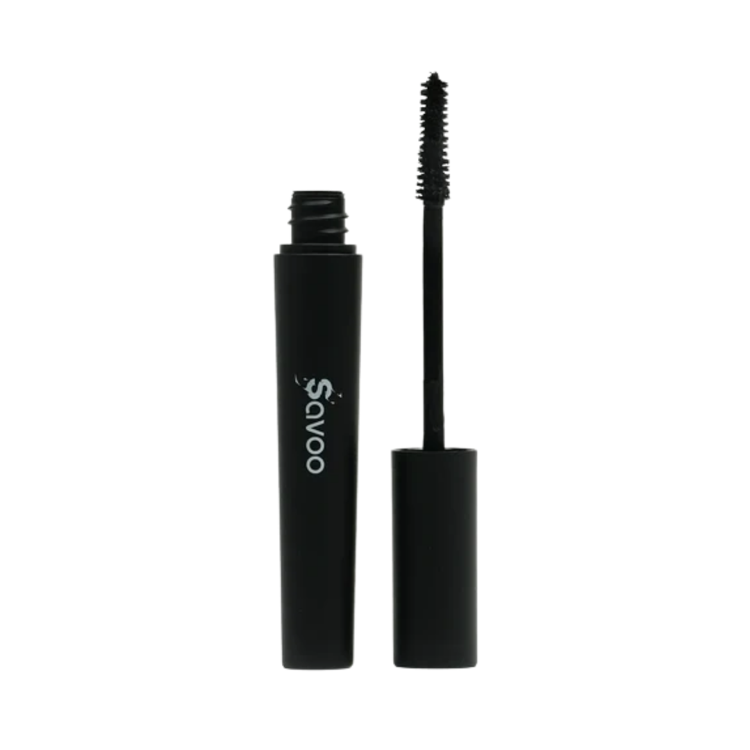 Savoo mascara tube, black cylindrical packaging with white logo, open wand applicator and cap.
