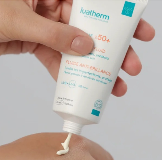 ivatherm Ivapur Anti-shine Fluid SPF50 For Oily Skin- 50ml | للبشرة المختلطة أو دهنية SPF50-ايفاثيرم سائل إيفابور المضاد للمعان بعامل حماية من الشمس