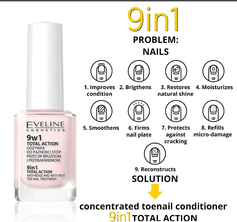 EVELINE 9 In 1 Total Action Argan Oil Vitamin e Silica - 12ml | ايفلين مقوي أظافر أقدام - 12 مل