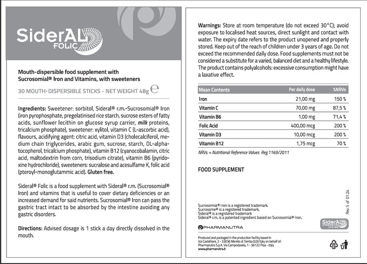 Sideral FOLICO Mouth Dispersible Food Supplement 20 Mouth Dispersible Sticks - 32g | سيديرال فوليكو مكمل غذائي سريع الذوبان في الفم – 20 كيس فموي قابل للذوبان – 32 غرام