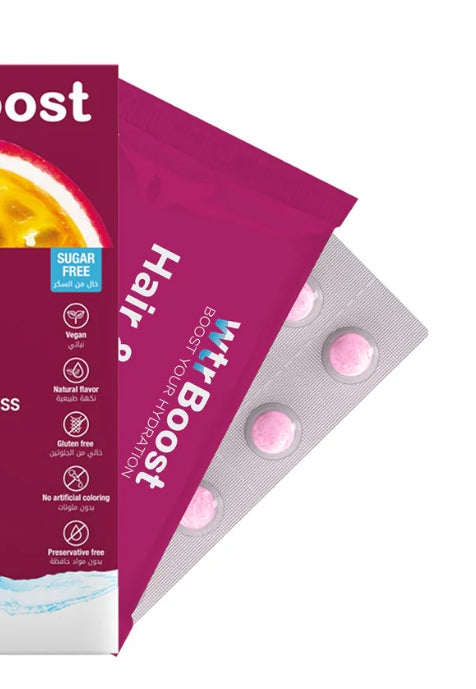 Wtr Boost Hair & Nails Strength Brightness Hydration Passion Fruit flavor 36 Tablets | دبليو تي آر بوست لتقوية الشعر والأظافر وتعزيز اللمعان والترطيب بنكهة الباشن فروت – 36 قرص